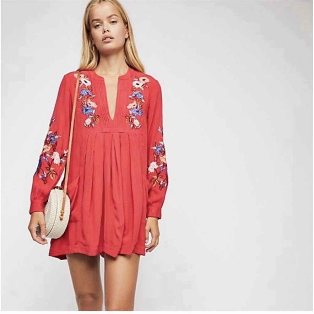 Free People Mia Gauze Embroidered Long Sleeve Mini Dress XS Red Coral Boho Chic